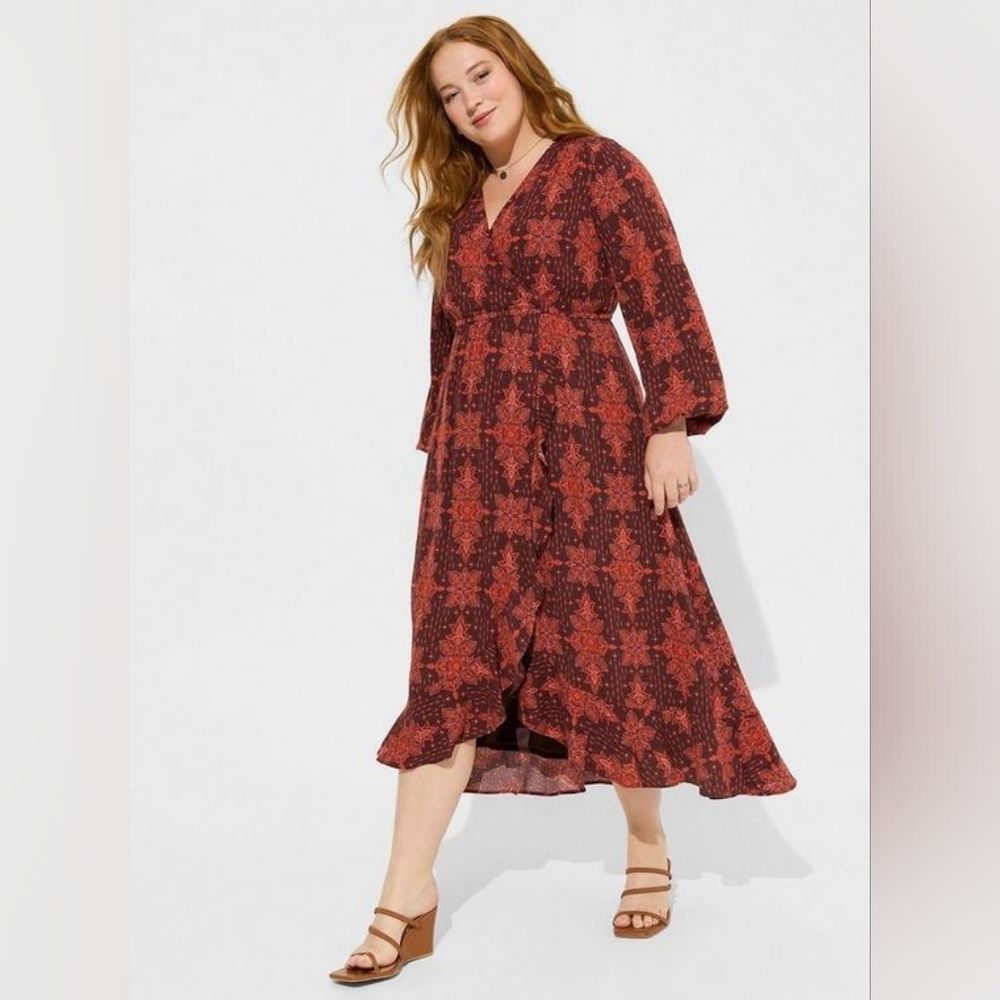 Torrid Midi Washable Crinkle Gauze Dress Size 4‎ 4X Surplice Neck Boho Medallion
